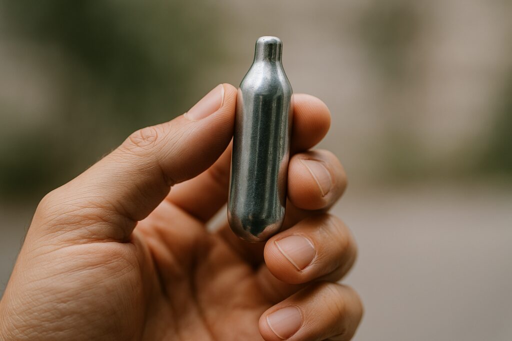 Mão segurando um pequeno cilindro metálico de óxido nitroso entre o polegar e o dedo indicador. 