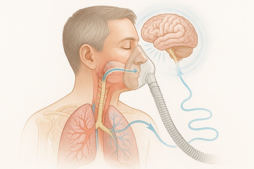 Ilustração médica de um paciente inalando gás por máscara facial, mostrando o trajeto do óxido nitroso até o cérebro e os pulmões