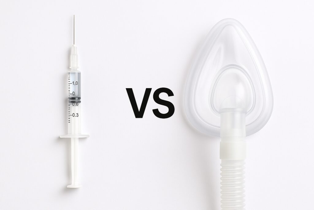 Comparação visual entre seringa com anestésico e máscara de inalação de gás, representando a diferença entre anestesia injetável e sedação com óxido nitroso