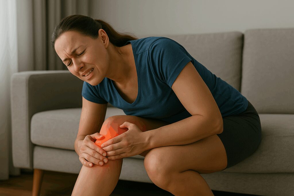Mulher sentada no sofá com expressão de dor, pressionando as pernas com as mãos, indicando queimação nas pernas.