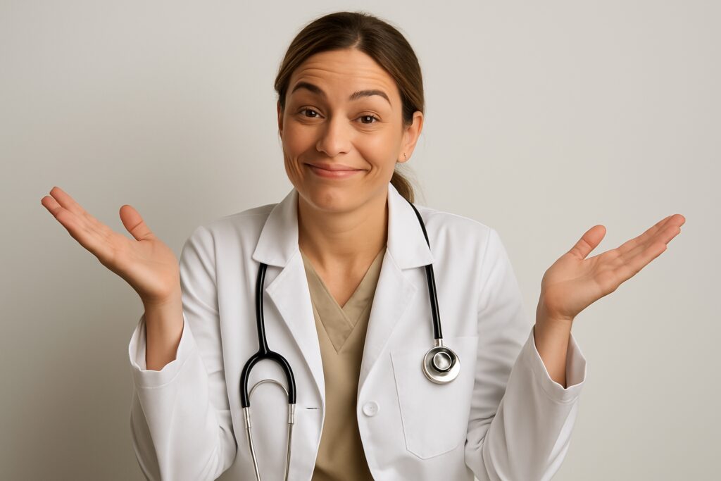Médica com jaleco branco e estetoscópio no pescoço, olhando para a câmera com leve sorriso e expressão de 'sim, é isso mesmo', com os braços abertos e as palmas voltadas para cima.