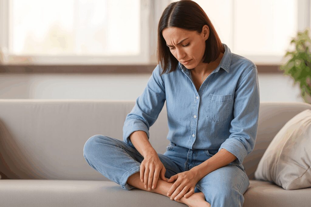 Mulher jovem sentada em um sofá claro, com expressão de desconforto enquanto massageia a perna. Ela veste uma camisa jeans e calça jeans, em um ambiente iluminado por luz natural.