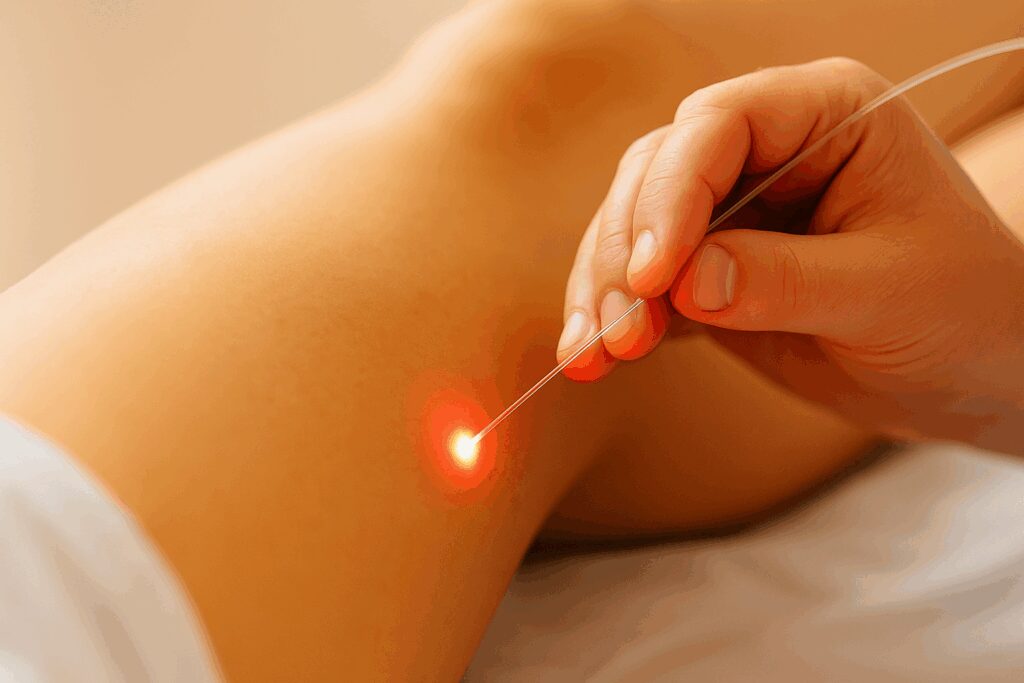 Profissional de saúde segura uma fibra de endolaser encostada na pele da perna de um paciente, com a luz vermelha do laser acesa no ponto de contato.