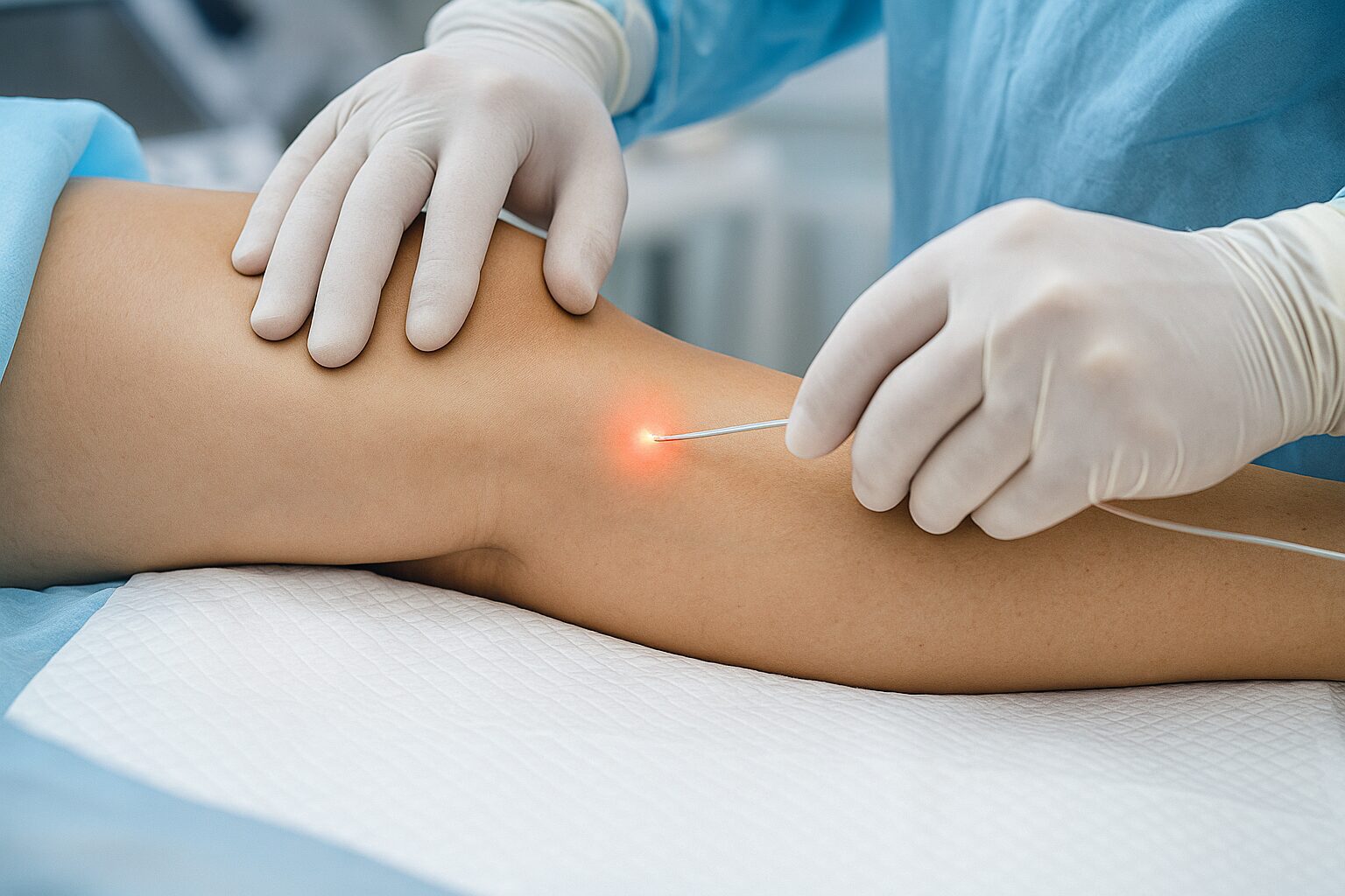 Procedimento de endolaser sendo realizado na perna de um paciente, com aplicação de laser por um profissional de saúde usando luvas estéreis.