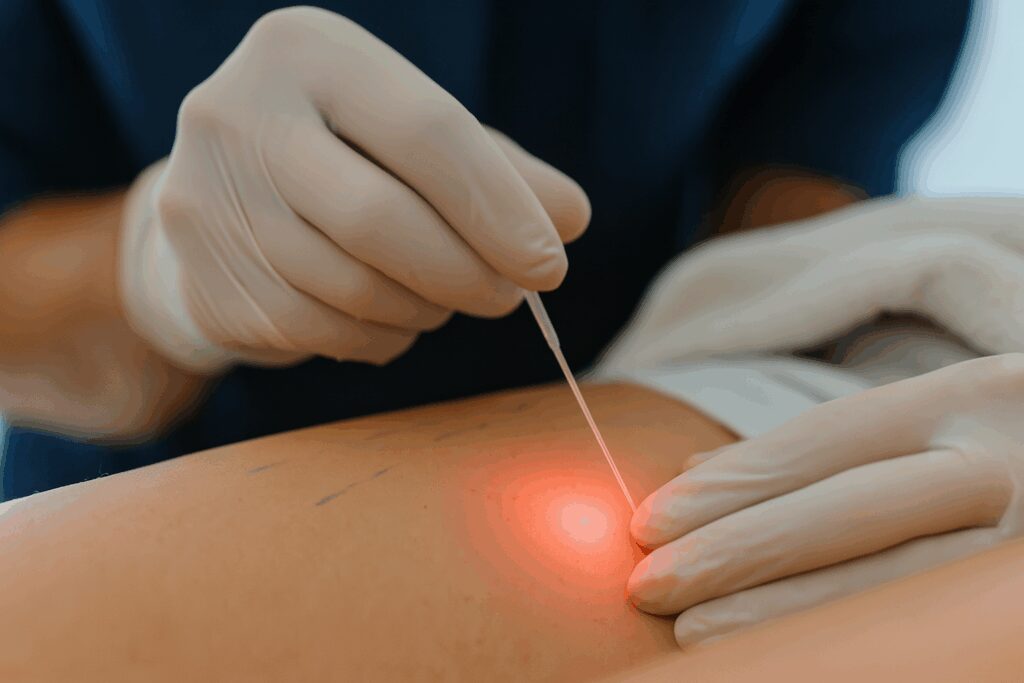 Endolaser sendo realizado na pele de um paciente. Um profissional com luvas cirúrgicas manipula a fibra de laser, que emite uma luz vermelha sobre a área tratada, marcada previamente com linhas azuis. Uma toalha branca cobre parte do corpo do paciente.