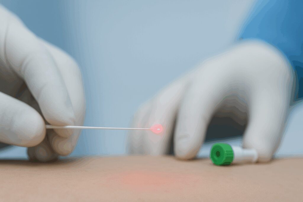 Fibra de endolaser ultrafina com ponta vermelha iluminada sendo posicionada sobre a pele por um profissional com luvas estéreis, em ambiente clínico