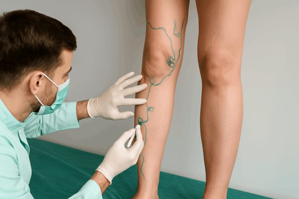 Médico vascular avalia e marca com caneta verde as varizes na perna de uma paciente em pé, durante consulta em ambiente clínico.