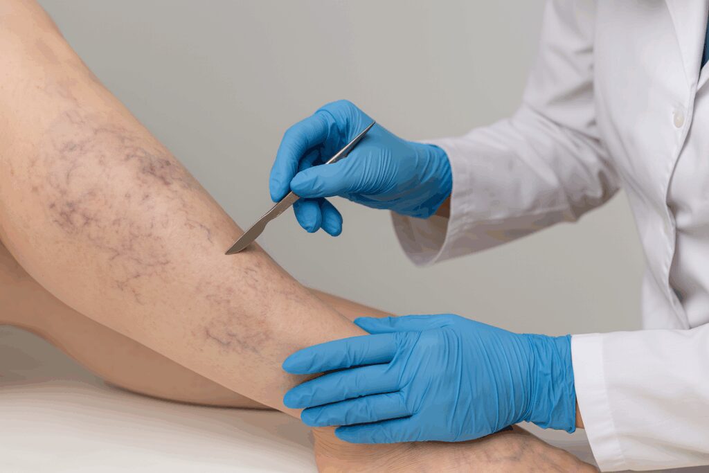 Médica com luvas azuis examina perna com varizes visíveis, segurando um bisturi próximo à pele.
