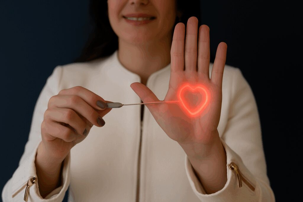 Mulher com jaleco branco segura endolaser que projeta um coração vermelho iluminado na palma de sua mão.