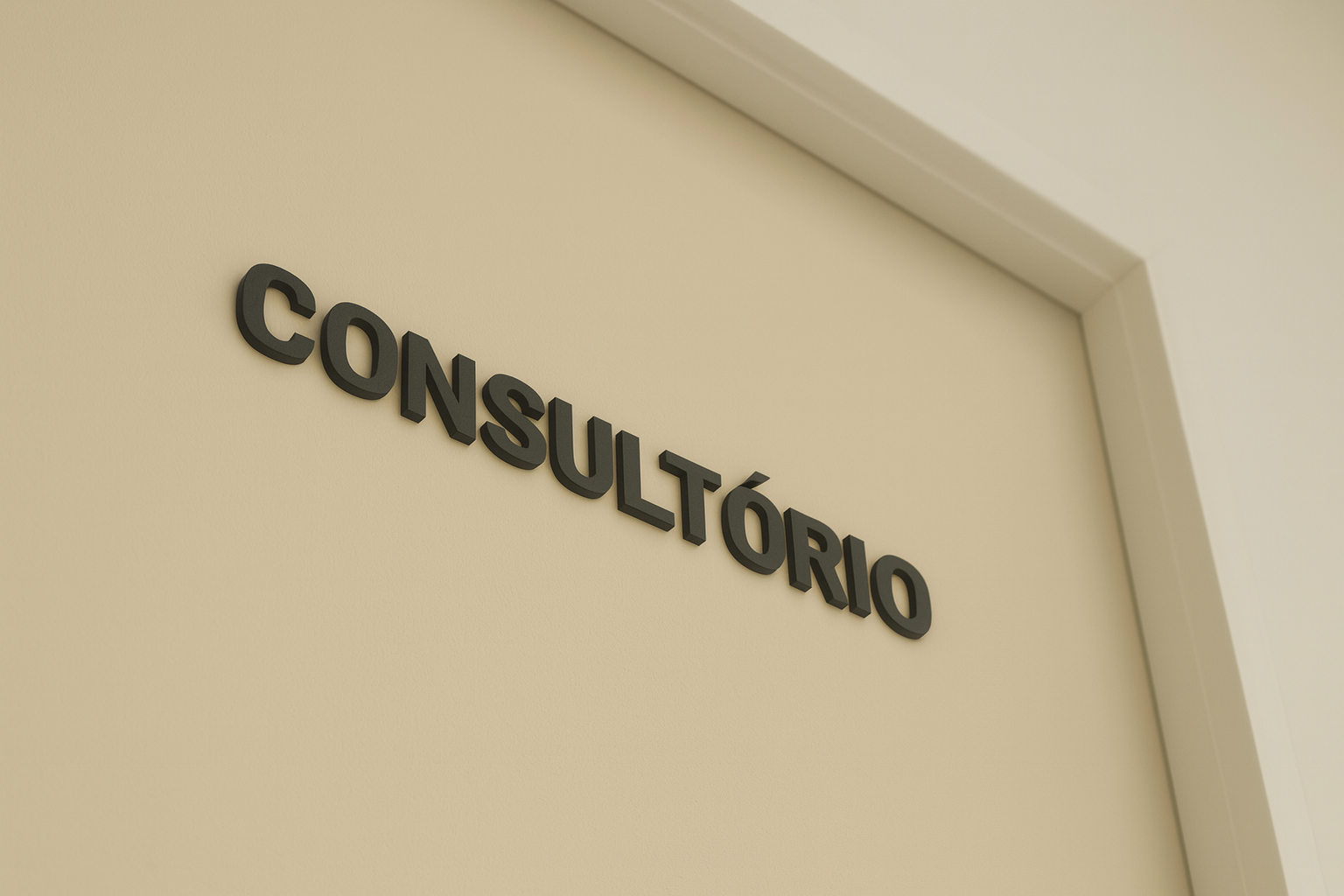 Porta de consultório em design minimalista, com a palavra 'CONSULTÓRIO' escrita em letras pretas na horizontal, centralizada.