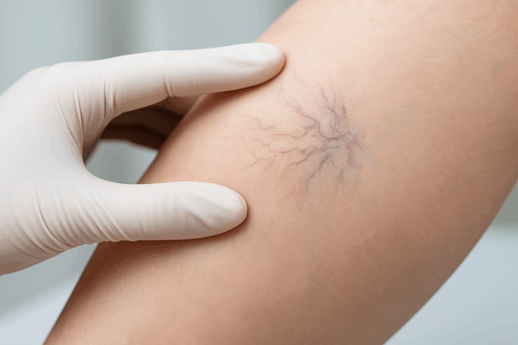 Perna com microvarizes (vasinhos) visíveis na pele, sendo examinada por um profissional de saúde com luvas brancas, que apoia suavemente a mão sobre a área afetada.