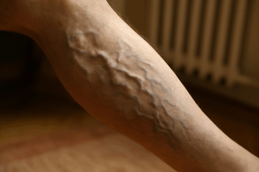 Perna masculina com pele clara, exibindo veias varicosas dilatadas e azuladas em relevo.