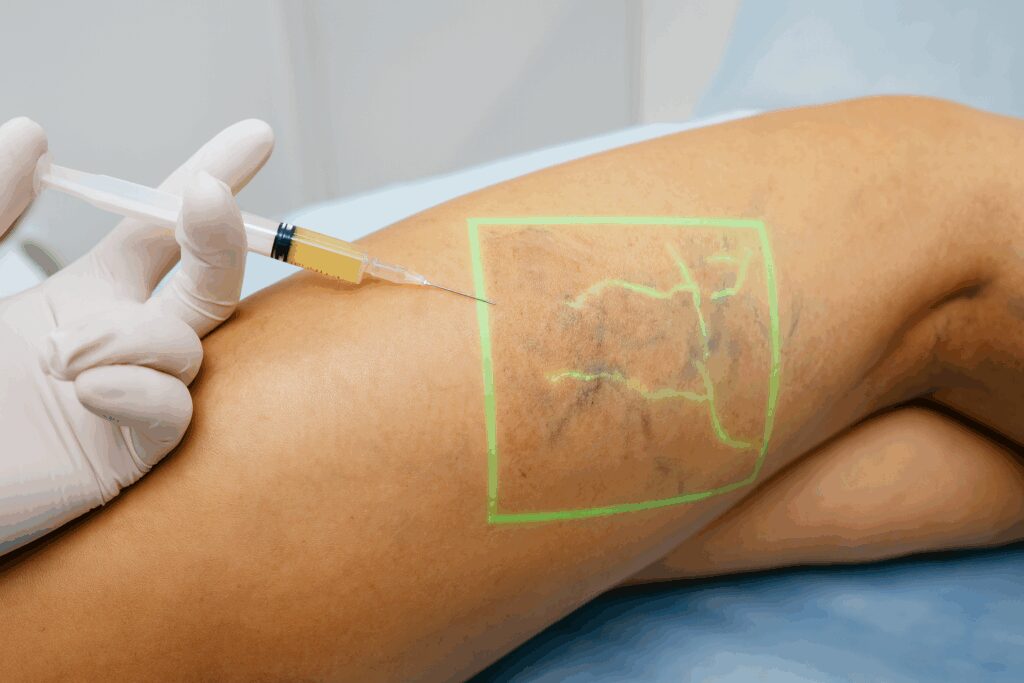 Profissional com luvas aplicando injeção em perna feminina durante procedimento de escleroterapia, com visualizador de veias projetando luz verde sobre a pele.