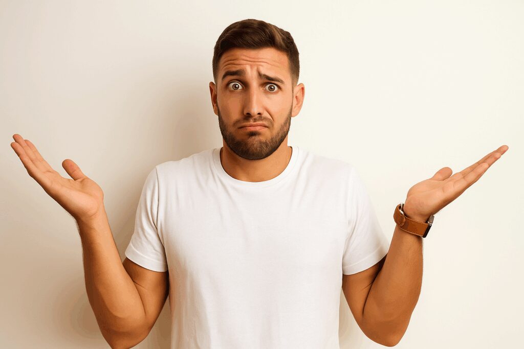 Homem jovem de camiseta branca com expressão confusa, levantando as mãos e ombros em gesto de dúvida