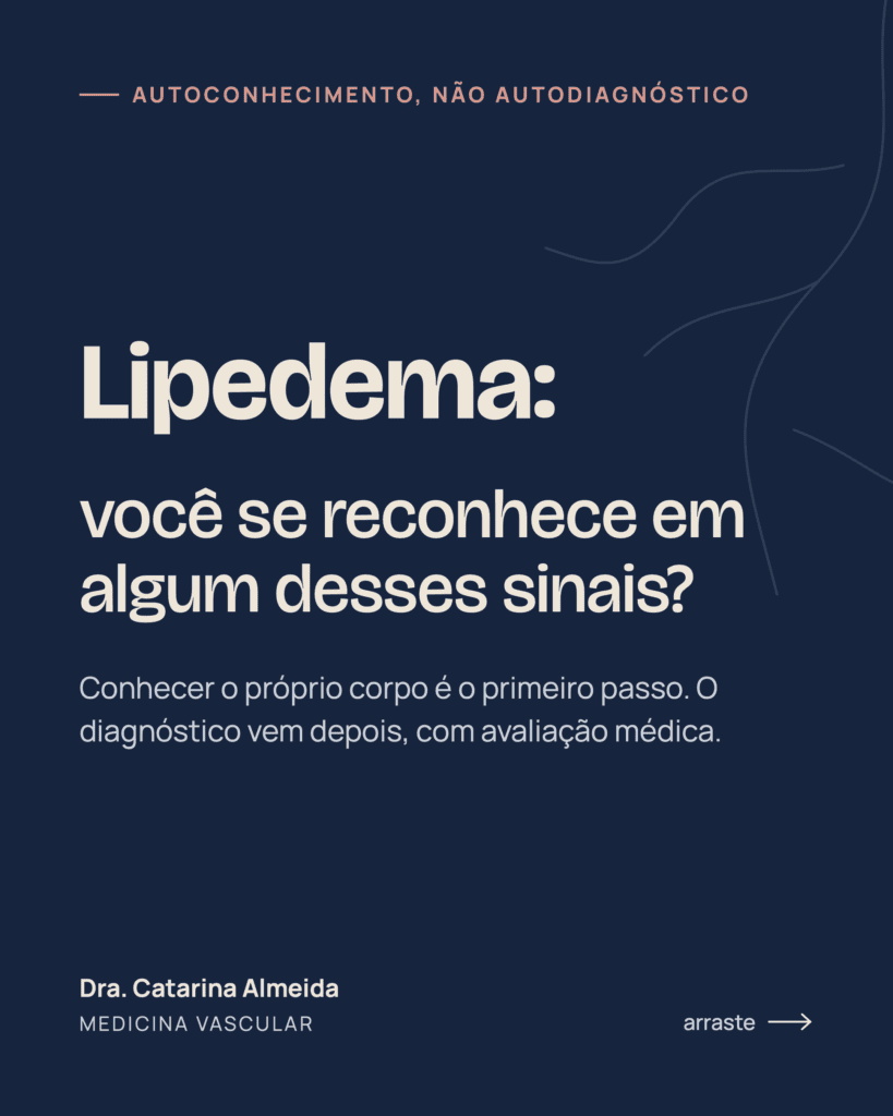 Arte azul-marinho com o título "Lipedema: você se reconhece em algum desses sinais?" e o aviso de que não é autodiagnóstico.